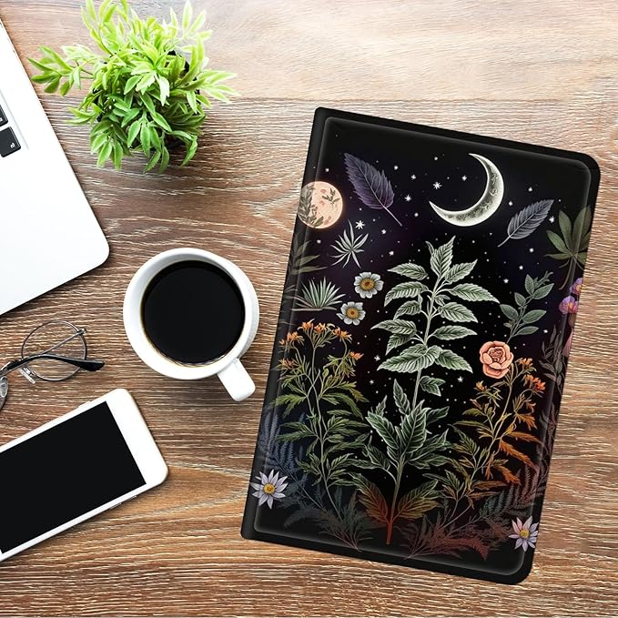 for Fire HD 8 Tablet Case (12th/10th Generation2024/2022/2020 Release)/Amazon Kindle Fire 8 CaseHybrid Slim Multi-Angles Stand Auto Wake/Sleep Cover-Flowers Plants Moon Night