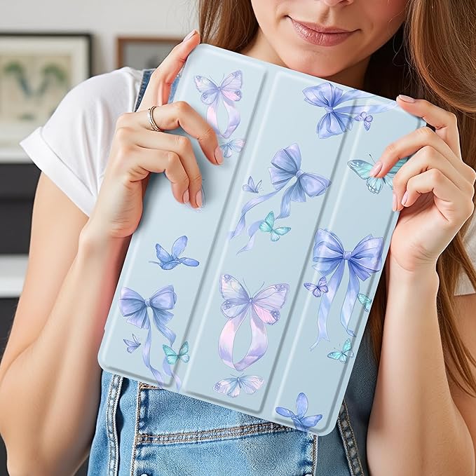 Idocolors Cute Butterfly Bow Pad Case for 10.9 Inch iPad Air 4 2020/iPad Air 5 2022 Clear TPU Smart Stand Back Cover with Pencil Holder Auto Wake/Sleep Foldable Shockproof Protective Case