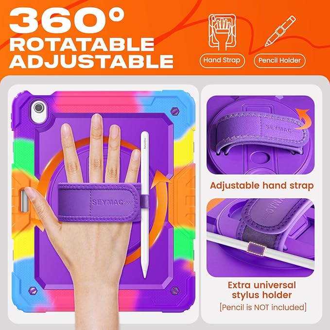 SEYMAC stock Case for iPad Air 13-inch M4-M2 2026-2024 (Gen 8-6) Shockproof Heavy Duty Case with Screen Protector Pencil Holder Rotating Stand Hand Strap Shoulder Strap Purple
