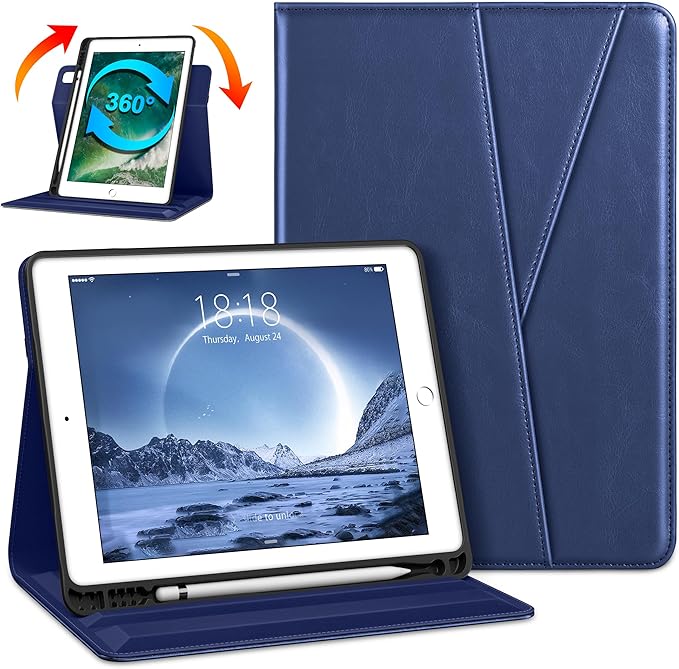DTTO Rotating Case for iPad 6th / 5th Generation 9.7 Inch 2018/2017 iPad Air 2 / Air 1 Case 360 Degree Swiveling Premium Leather Folio Stand Cover with Pencil Holder - Auto Wake/Sleep Navy Blue