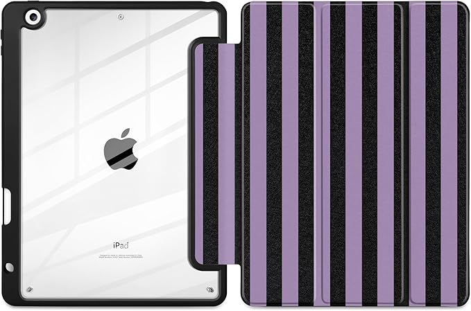 DONGKE for iPad 9th/8th/7th Generation Case 10.2 Inch (2021/2020/2019) [Auto Sleep/Wake &amp Pencil Holder] Clear Acrylic Back Trifold Stand Cover Purple Stripes