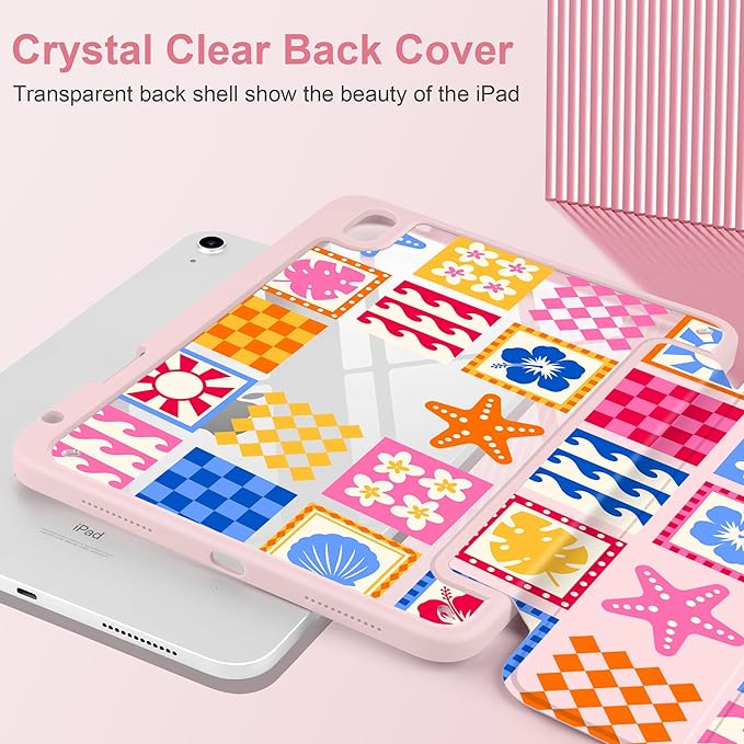 Case for iPad A16 11th Generation 11 inch 2025 iPad 10th Generation 10.9 inch 2022 -[Built-in Pencil Holder] Shockproof Clear Hard Back Trifold Stand Auto Wake/Sleep Beach Fun