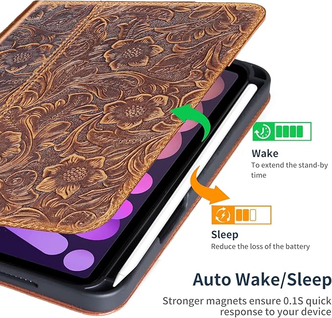 Gexmil Genuine Leather Case for iPad mini 7 (A17 Pro) 2024 / iPad mini 6 Generation 2021 8.3 InchPencil HolderProtctive Shockproof Cowhide CoverAuto Sleep/WakePencil 2 Wireless Charging Brown