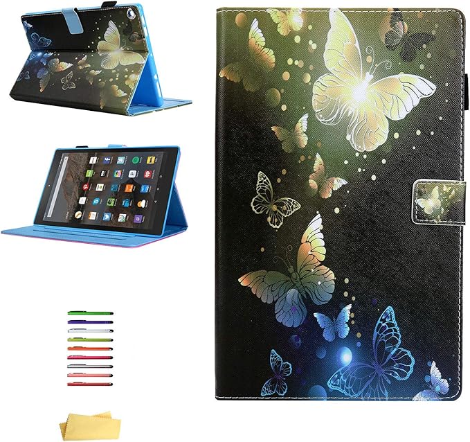 Fire HD 10 Case (9th Gen 2019 &amp 7th Gen 2017) with Pencil Cards Holder [Multiple Angle Viewing] Stand Smart PU Leather Cover [Auto Sleep/Wake] for Amazon Kindle Fire 10.1 Gold Butterflies
