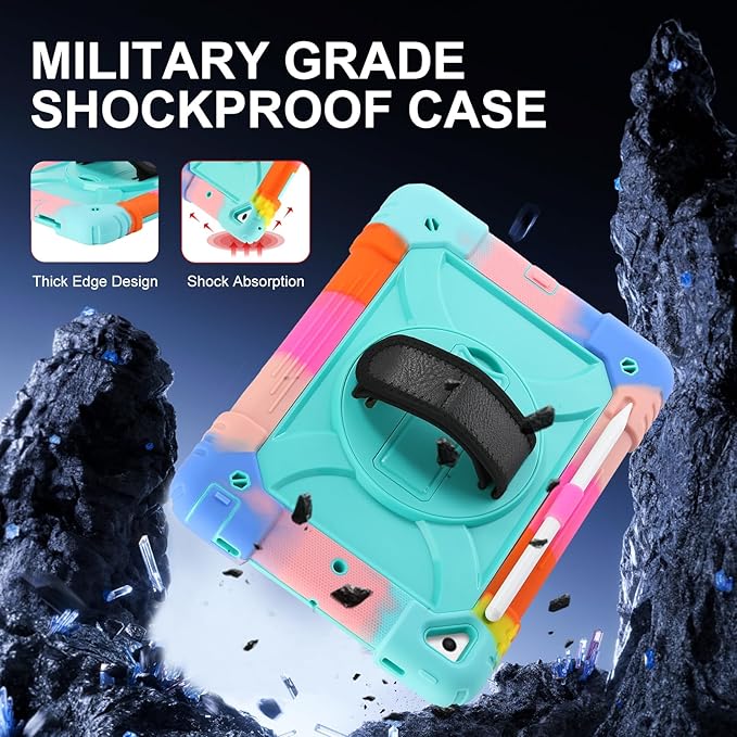 for iPad 6th Generation/iPad 5th Gen/iPad Air 2/iPad Pro 9.7 Case with Cute Key Chain Rugged Protective Case with Rotating Stand &amp Shoulder Hand Strap for iPad 6th/5th/ Air 2 (Rainbow Aqua)