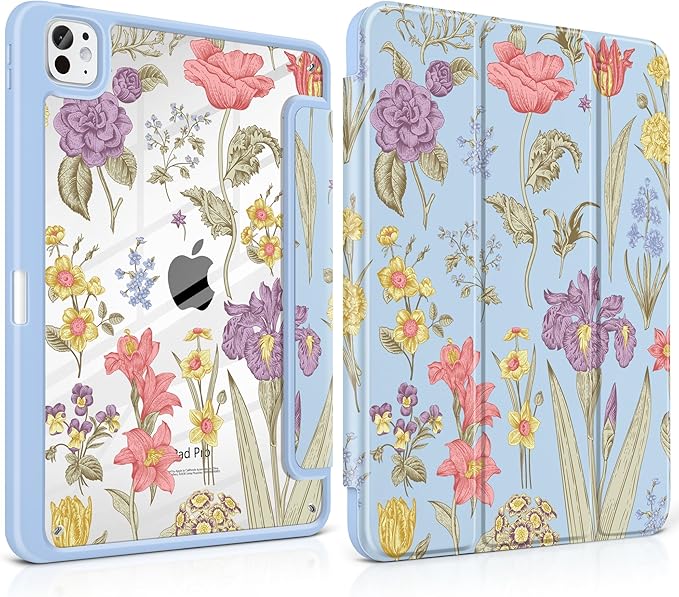 DONGKE for iPad Pro 11-Inch Case (M5 2025 / M4 2024) 6th/5th Generation [Auto Sleep/Wake &amp Pencil Pro Holder] Clear Acrylic Back Smart Trifold Stand Cover Blue Botanical Floral