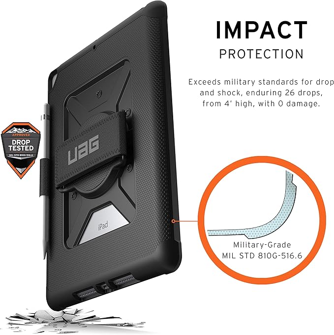 URBAN ARMOR GEAR UAG Designed for iPad 10.2 Case Black 9th Generation 2021 &amp 8th Gen 2020 w/Hand Strap Thin Slim Durable Protective Cover w/Pencil Holder &amp Asset Tag Window Metropolis Series