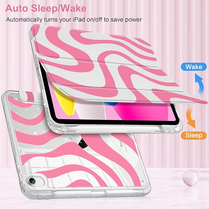 MEEgoodo Case for iPad A16 11th Generation 2025/10th Generation 2022 Glitter Tablet Cases with Transparent Acrylic Back+Trifold Stand +Pencil Holder+Auto Wake/SleepPink Wave Pattern