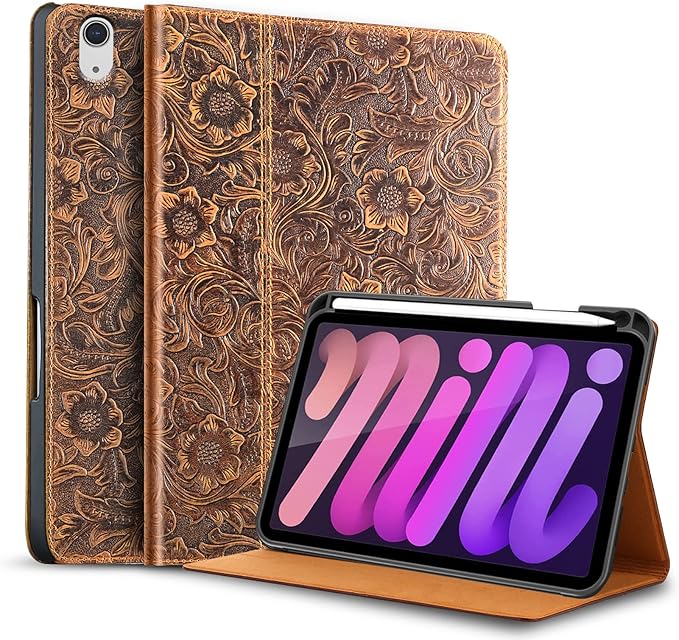 Gexmil Genuine Leather Case for iPad mini 7 (A17 Pro) 2024 / iPad mini 6 Generation 2021 8.3 InchPencil HolderProtctive Shockproof Cowhide CoverAuto Sleep/WakePencil 2 Wireless Charging Brown