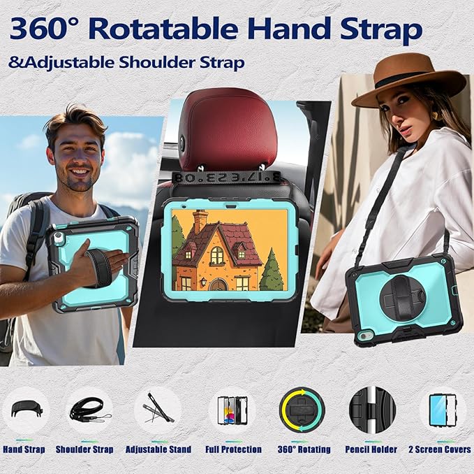 Weuiean Case for iPad A16 11th/10th Generation 11/10.9 Military-Grade Heavy-Duty Shockproof Cover with 360° Rotating Stand Built-in Pencil Holder &amp Adjustable Hand/Shoulder Strap - SkyBlue+Bla