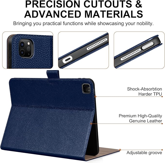 Genuine Leather Case for iPad Pro 13 inch (M5/M4) 2025/2024 with Pencil Holder | Slim Protective Cover with Adjustable StandMagnetic ClosureAuto Wake/Sleep Premium Leather | Blue