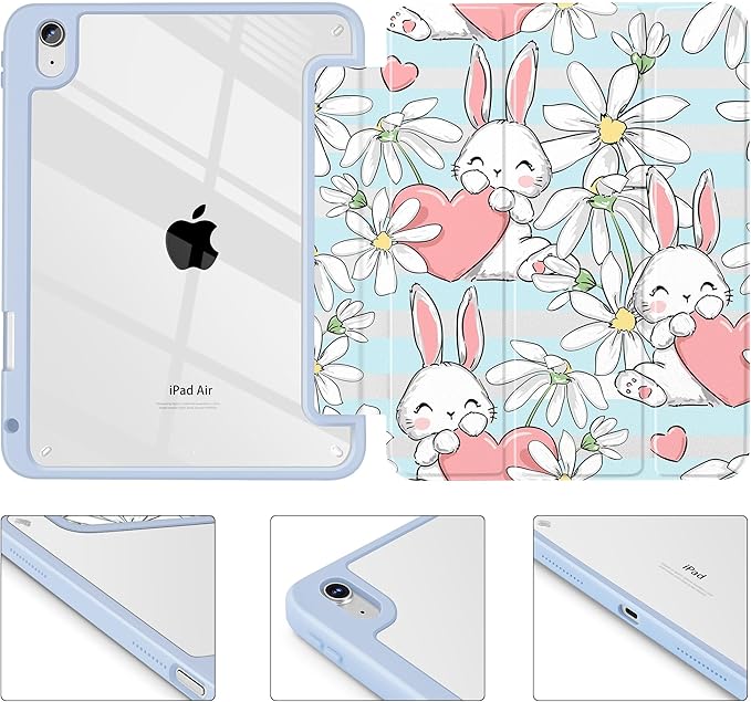 May Chen for iPad Air 11-inch M4/M3/M2 (2026/2025/2024) iPad Air 5th/4th 10.9 Inch - Shockproof Cover with Clear Back Shell &amp Penceil Holder Auto Wake/Sleep Stand Cover Heart Rabbits