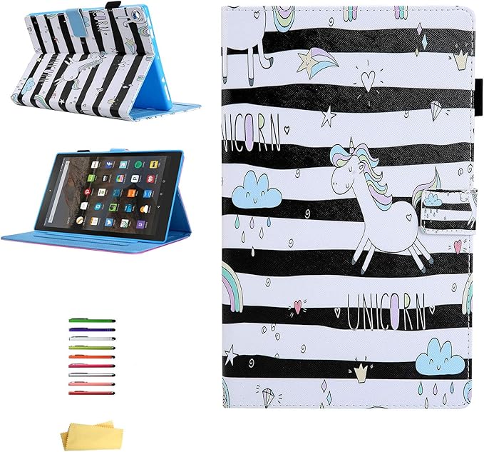Fire HD 10 Case (9th Generation 2019 and 7th Gen 2017) with Pencil Holder [Multiple Angle Viewing] Stand Smart PU Leather Cover [Auto Sleep/Wake] for Amazon Kindle Fire 10.1 White Horse