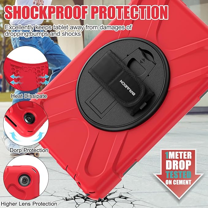 BRAECNstock for Amazon Fire HD 10 Tablet Case 13th Gen 2023 10.1 Shockproof Rugged Kindle Fire HD 10 Kids Tablet Cover with Screen Protector Rotating Hand Strap+Stand Shoulder Strap Pen Holder - Red