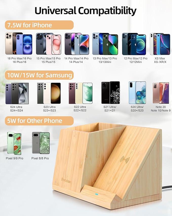 3-in-1 Bamboo Wireless Charger with Desk Organizer Bamboo Pen Holder for Desk 15W Fast Wireless Charger with Pen Holder for Home Office Supplies Compatible with iPhone and Samsung