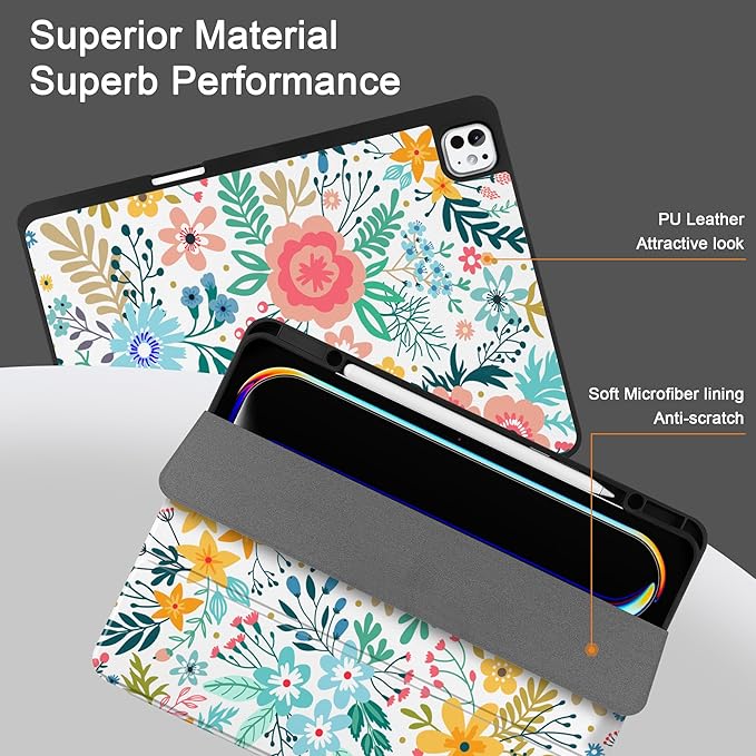 DONGKE Case for iPad Pro 13 inch (M5 2025 / M4 2024) – [Built-in Pencil Holder] Ultra Slim PU Leather Trifold Stand Cover with Soft TPU Back Auto Wake/Sleep - Flower