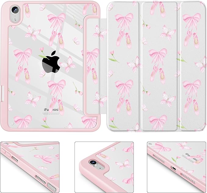 May Chen Slim Case for iPad mini 7 (A17 Pro 7th Generation) 2024 / iPad mini 6 (6th Gen) 8.3 Inch [Built-in Pencil Holder] Shockproof Cover Clear Clear Back Shell Auto Wake/Sleep Ballet Shoes