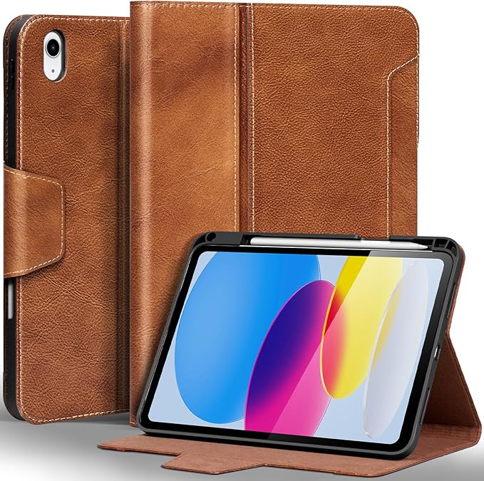 Gexmil Leather Case for iPad (A16) 11th Generation 11 Inch 2025 iPad 10th Generation 10.9 Inch 2022Protective Cover with Pencil HolderMagnetic ClosureAuto Sleep/WakeVegetable Tanned Brown