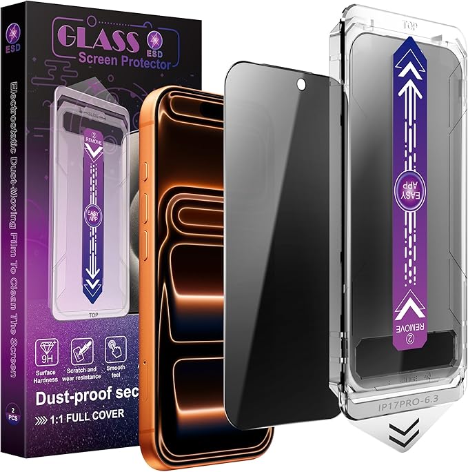 2 Pack Privacy Screen Protector for iPhone 17 Pro 6.3-Inch Auto Dust Removal No BubblesAnti-Spy Tempered Glass Film Easy Installation