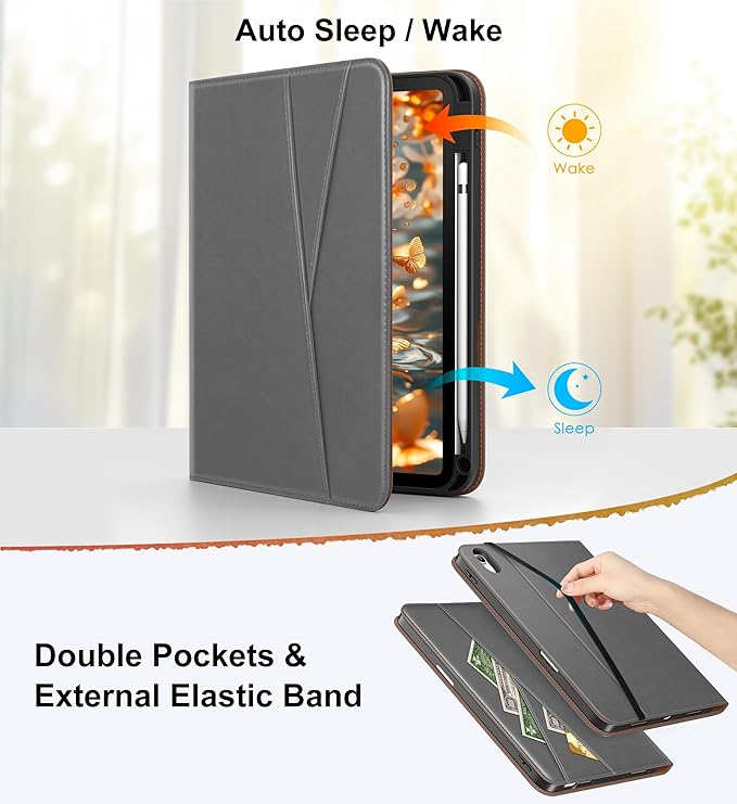 DTTO for iPad A16 Case iPad 11th / 10th Generation Case (2025/2022) 360 Degree Rotating Premium Leather Folio Stand Cover with Pencil Holder Grey