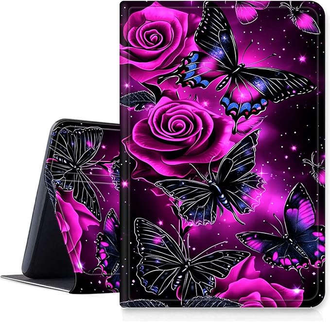 DIGTIALLL Case for Amazon Kindle Fire HD 10 Tablet (9th/7th/5th Generation2019/2017/2015 Release) 10.1 PU Leather Smart Protective Cover with Auto Sleep/WakePurple Rose Butterfly