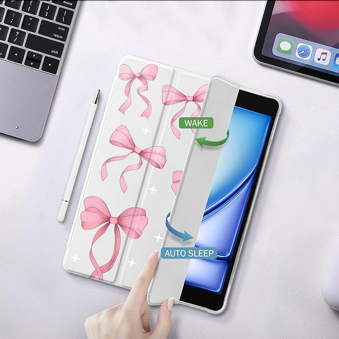 Idocolors Cute Pink Bow Case for 11 iPad Pro(2024) Tri-Fold Tablet Case with Auto Wake/Sleep &amp Pencil Holder - Vibrant Protective Cover for Women Girls and Teens White