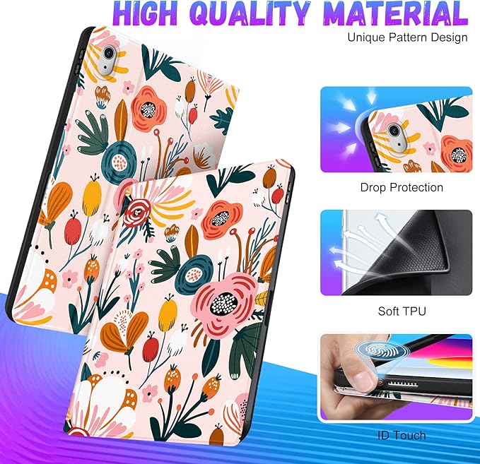 for iPad 10th Generation Case 10.9 Inch for iPad 11th(A16) 2025 Girls Cute Women Folio Cover with Pencil Holder Flowers Floral Aesthetic Girly Kawaii Teens Tablet Cases for Apple 10/11
