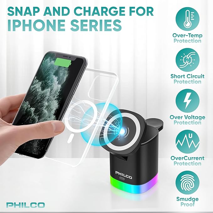 Philco 3-in-1 Magnetic Wireless Charging Station15W Fast Charging for Magsafe iPhone 11/12/13/14/15/16 Apple Watch &amp AirPods Compact and Foldable Design with USB-C Port RGB Color Changing Ligh