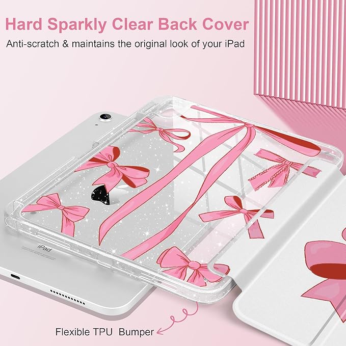 MEEgoodo Case for iPad A16 11th Generation 2025/10th Generation 2022 Glitter Tablet Cases with Transparent Acrylic Back+Trifold Stand +Pencil Holder+Auto Wake/SleepPink Girly Vintage Bows