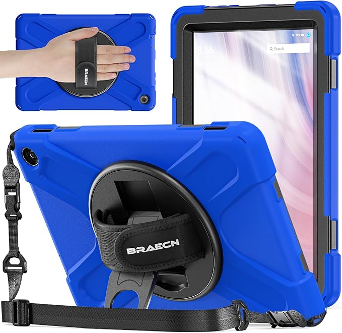 BRAECNstock Shockproof Protective Case for Amazon Fire HD 10 13th Generation 2023 Kids Case with Screen Protector [Rotating Hand Strap]&amp StandPen Holder &amp Shoulder Strap - Blue