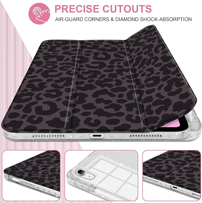 DONGKE for iPad Pro 11 inch Case – Fits M5 2025 / M4 2024 Shockproof Sparkling Glitter Acrylic Back Pencil Holder Trifold Stand Auto Sleep/Wake &amp Touch ID Support - Black Leopard