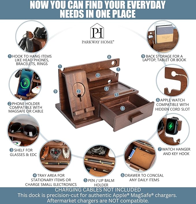 Wood Phone Docking Station with Drawer Compatible with Apple Watch - Wood Charging Station Organizer Stand Bedside Nightstand Organizer for Men Holds Phone Tablet Keys Glasses EDC
