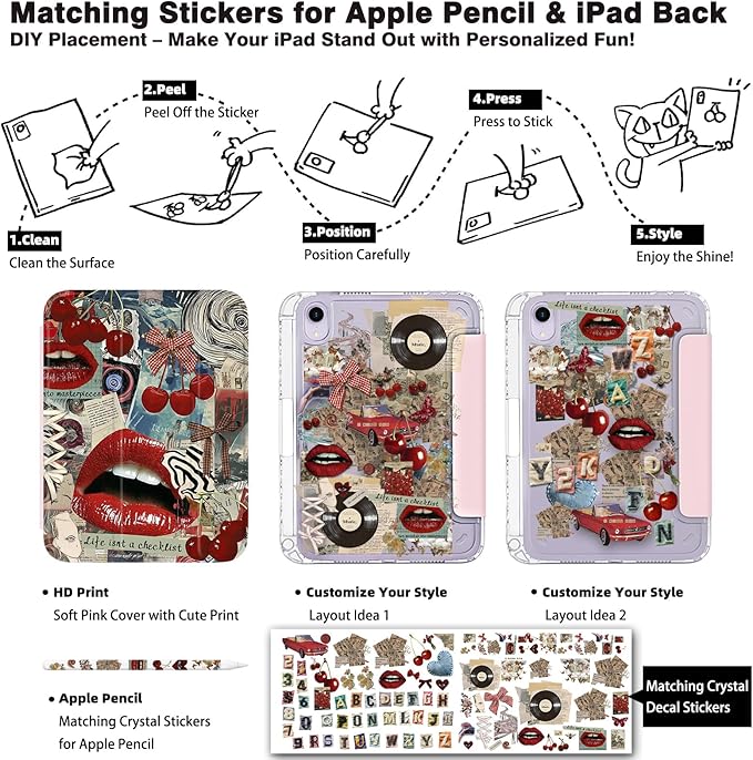 Y2K Retro Red Lips Cherry Design Case for iPad mini 6/7 (8.3) Cover with Pencil Holder DIY Stickers Tri-Fold Stand Auto Wake/Sleep for Girls