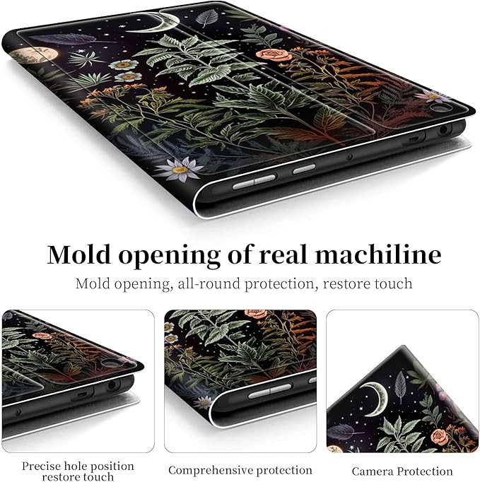 for Fire HD 8 Tablet Case (12th/10th Generation2024/2022/2020 Release)/Amazon Kindle Fire 8 CaseHybrid Slim Multi-Angles Stand Auto Wake/Sleep Cover-Flowers Plants Moon Night