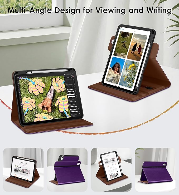 DTTO for iPad A16 Case iPad 11th / 10th Generation Case (2025/2022) 360 Degree Rotating Premium Leather Folio Stand Cover with Pencil Holder Dark Purple