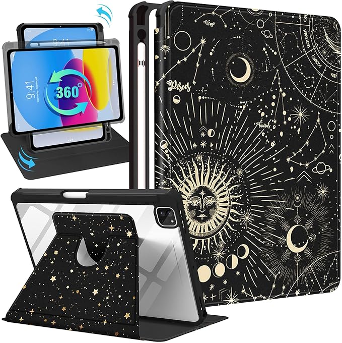 for iPad Air 11 inch Case Air 5th/4th Generation 10.9 Pro 11'' Case Women Girls for Apple Pencil Holder Cute Sun and Moon Stars Rotating Folio Cover for iPad Air 5/4 (2022/2020)/Pro 11