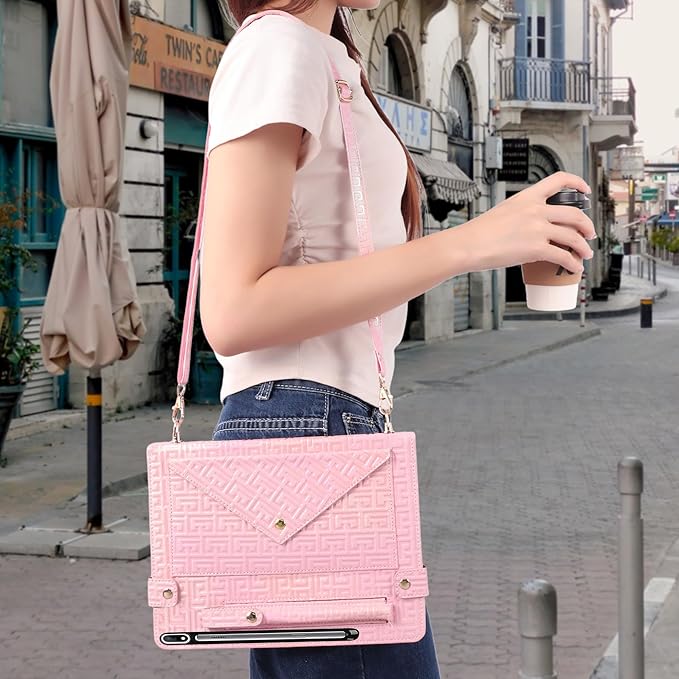 Shiny Case for Samsung Galaxy Tab S10+ 2024/S9 FE+ 2023/S9+ Plus 12.4 Techcircle Crossbody Iridescent Folio Stand Wallet Case with Pen Holder+Card Slots+Hand Strap+Shoulder Strap Shiny Pink