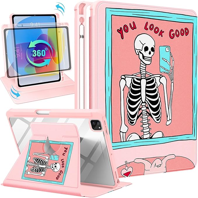for iPad Air 11 inch Case Air 5th/4th Generation 10.9 Pro 11'' Case Women Girls for Apple Pencil Holder Cute Skull Skeleton Goth Rotating Folio Cover for Apple iPad Air 5/Air 4/Pro 11