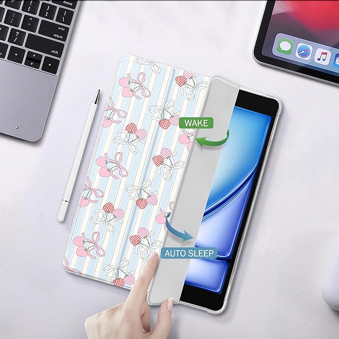Idocolors Cute Kawaii Cherry Bow Pad Case for 9.7 Inch iPad Air/iPad Air 2 Clear TPU Smart Stand Back Cover with Pencil Holder Auto Wake/Sleep Shockproof Protective Case for Women Girls
