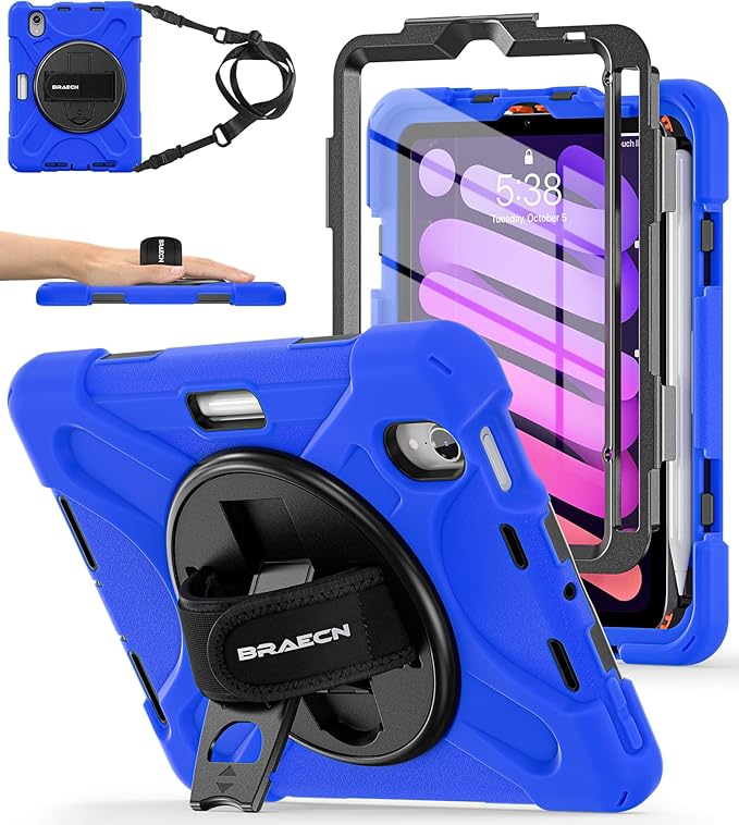 BRAECNstock Case for Apple iPad mini 7 (A17 Pro) 2024/ Mini 6 8.3 with Screen Protector Pencil Holder [360 Rotating Hand Strap] &ampStand Shockproof Protective iPad mini 7th/6th Gen Kids Case Bl