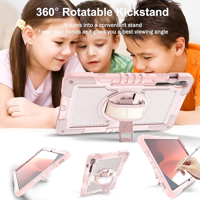 Tablet Case Compatible with Samsung Galaxy Tab S10 FE Plus 13.1 Inch 2025 Model (SM-X620/X626) CaseHeavy Duty Shockproof Rugged Protection Cover Stand &ampHand Strap+Shoulder Strap(Rose Gold)
