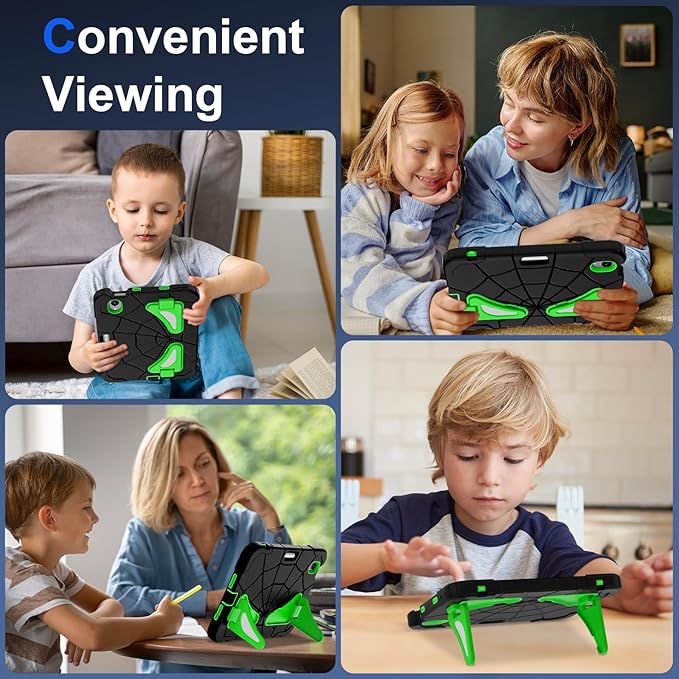 Kids Case for iPad mini 7 A17 Pro 2024/ Mini 6 8.3 inch Spider Case for iPad mini 7th 6th Generation Shockproof Durable Full Protective Cover with Pencil Holder Kickstand (Black+Green)