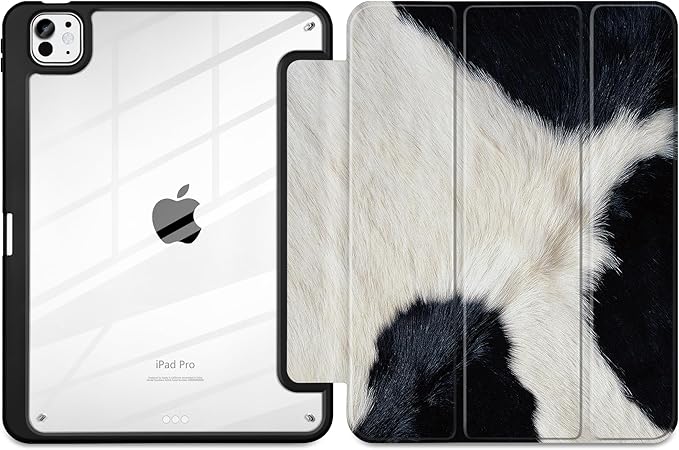 TWOLSKOO Case for iPad Pro 11-inch (M5 2025 / M4 2024) Clear Acrylic Back with TPU Bumper Pencil Holder Trifold Stand Auto Sleep/Wake Cow Print
