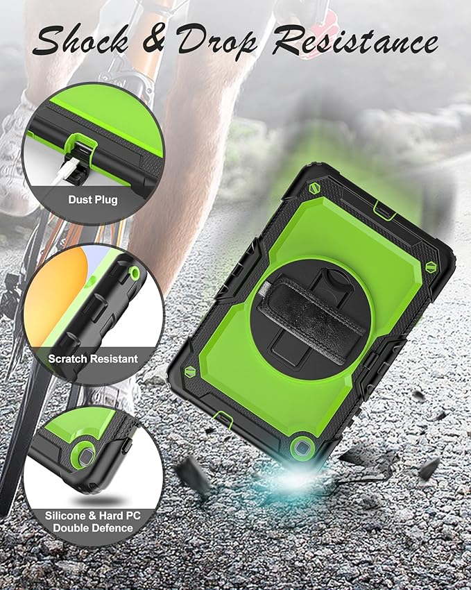 Case for Samsung Galaxy Tab S6 Lite Case 10.4 [with Tempered Glass Screen Protector] 2024/2022/2020 (SM-P610/P615/P613/P619) Rotating Kickstand Shoulder &amp Hand Strap (Green)