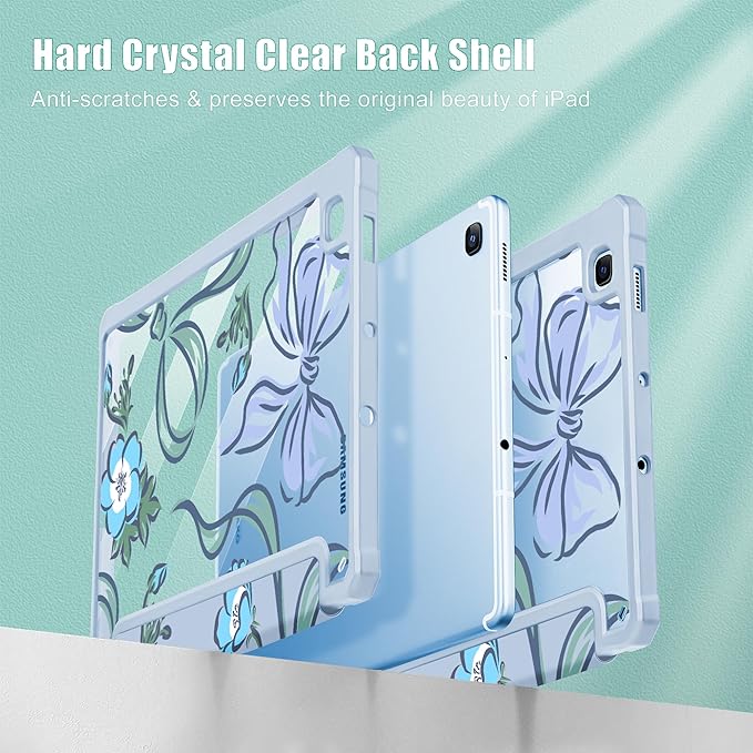 Mektron Case for Samsung Galaxy Tab S6 Lite 10.4 Inch 2024/2022/2020 with S Pen Holder Multi-Angle Viewing with Shockproof Cover Clear Shell + Trifold Stand + Auto Wake/Sleep Flowers-Bows-Blue
