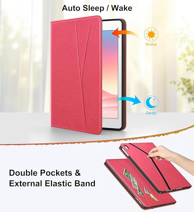 DTTO for iPad 6th / 5th Generation 9.7 Inch (2018/2017) iPad Air 2 / Air 1 Case 360 Degree Rotating Premium Leather Folio Stand Cover with Pencil Holder Watermelon Red