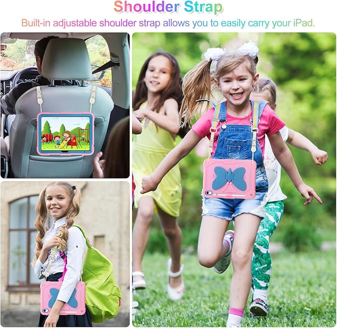 VOFUOE for iPad 10th Generation Case for Kids Girls 2022 10.9'' for iPad A16 Case 11th Generation 2025 11'' with Screen Protector Shoulder Strap Butterfly Wings Stand Pencil Holder Rugged Cover-Pink