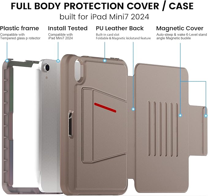 Case for iPad mini 7 (A17 Pro) 2024/ Mini 6 2021 8.3 Inch: Shockproof Rugged Protective Cover with Pencil Holder Auto Wake/Sleep Magnetic Multi-Angles Stand Card Slot Rose Gold