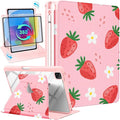 Kidcube for iPad Air 13 Inch Case M3 2025/M2 2024 for iPad Pro 12.9 Cases (2022/2021/2020/2018) - Women Girls Kids Cute Folio Cover with Pencil Holder Girly Strawberry Design Rotating Stand Pretty