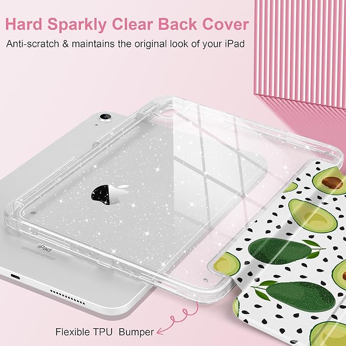 MEEgoodo Case for iPad A16 11th Generation 2025/10th Generation 2022 Glitter Tablet Cases with Transparent Acrylic Back+Trifold Stand +Pencil Holder+Auto Wake/SleepAvocado